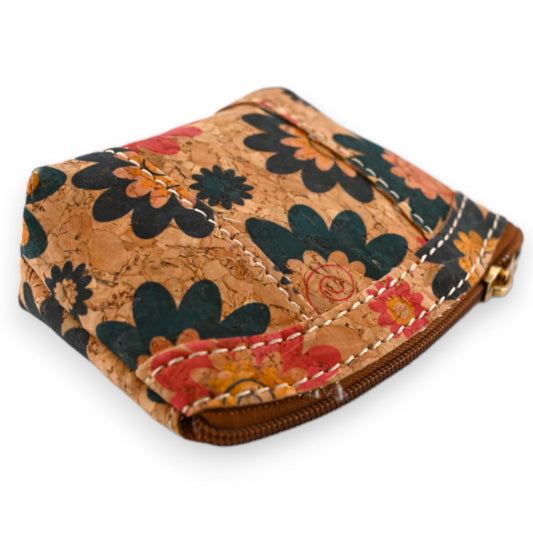 Kleine Ledergeldbörse mit buntem Blumenmuster auf Korkstoff, Reißverschluss, handgefertigt, nachhaltig, Boho-Stil
