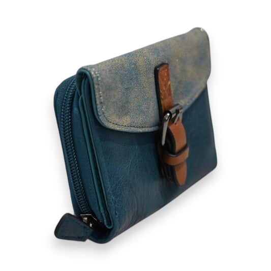 Kompakte Brieftasche in Petrolblau und Gold mit Reißverschluss und braunem Lederriemen, elegantes Design