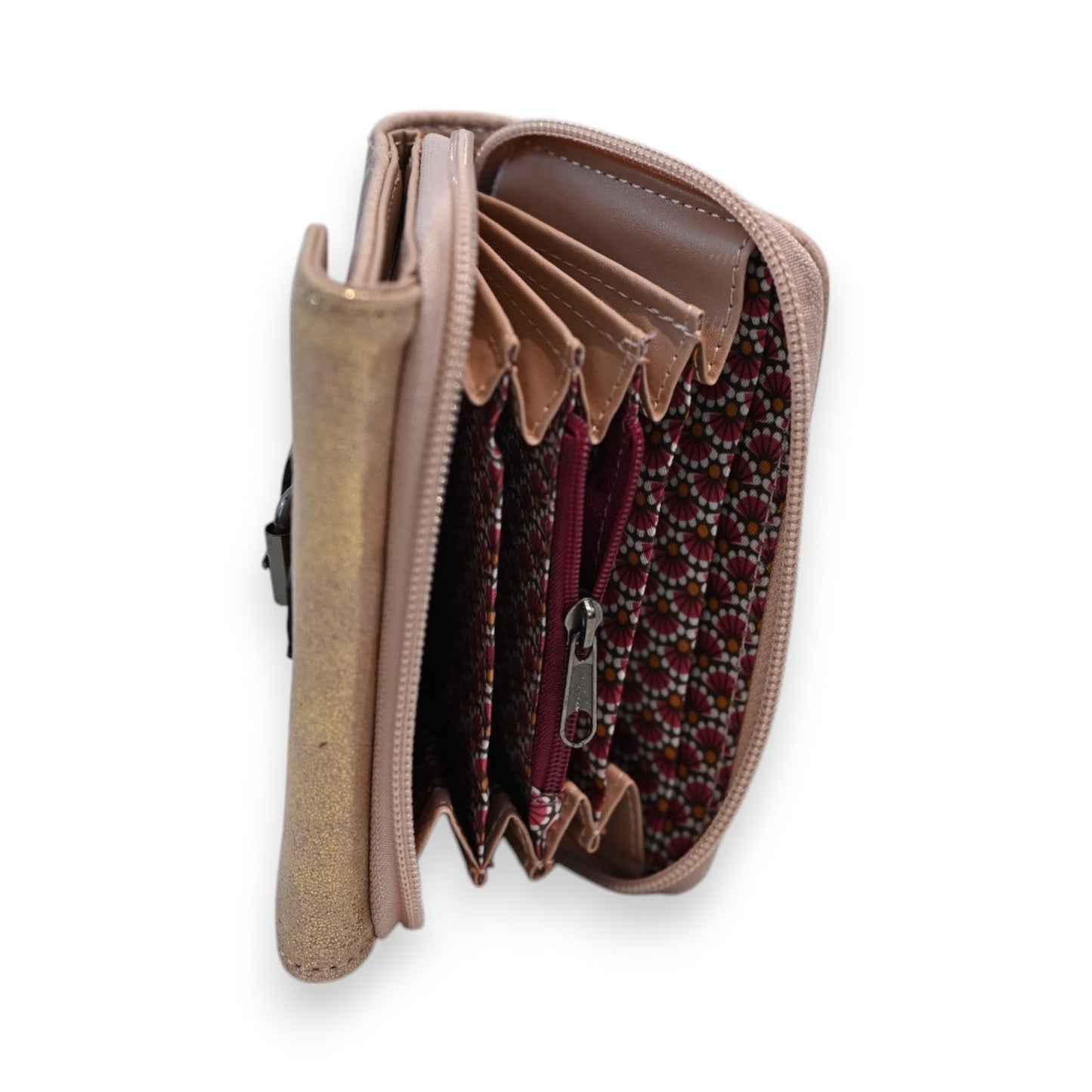 Kompakte Geldbörse in Roségold mit Blumenmuster, mehreren Fächern und Reißverschluss, geöffnet von der Seite