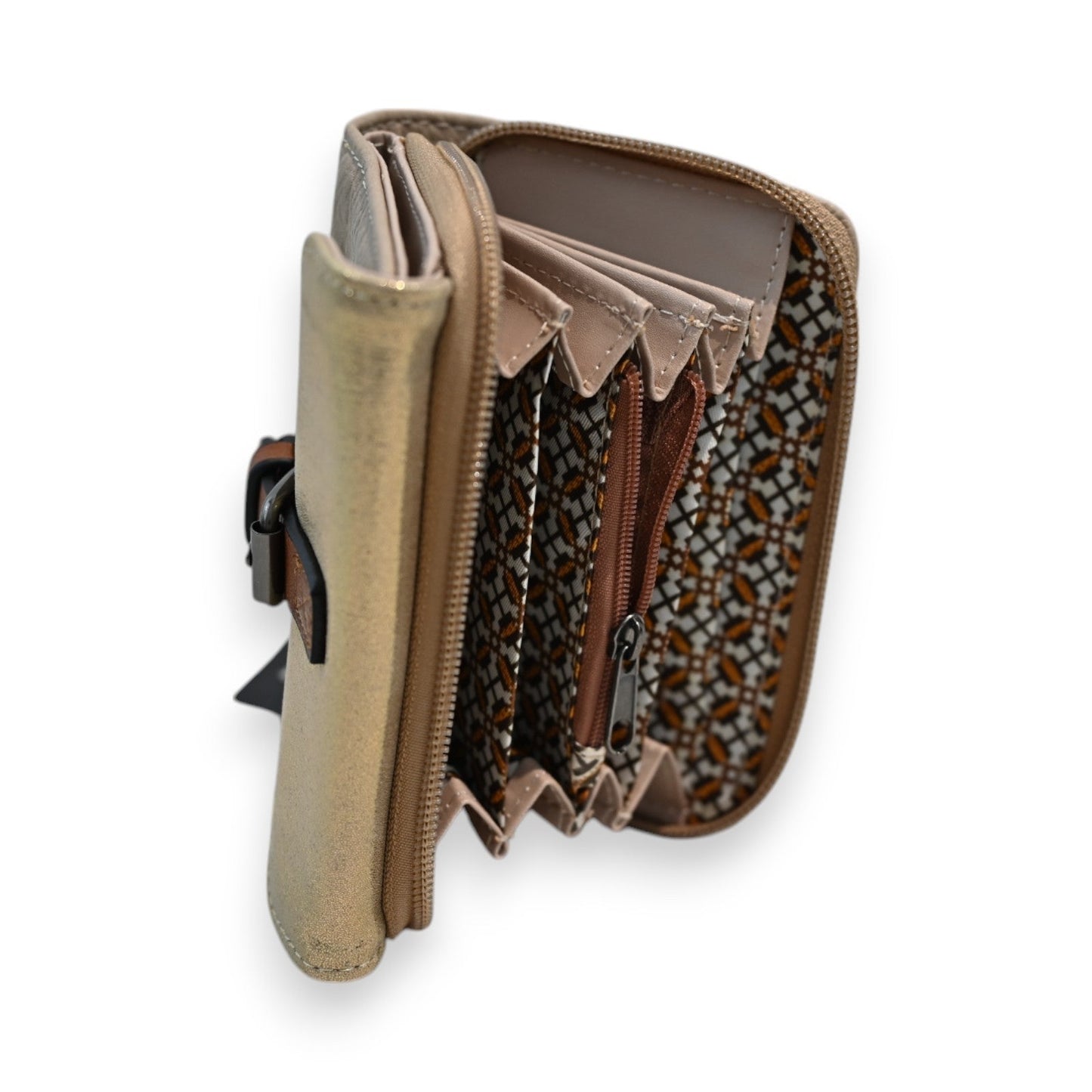 Kompakte Geldbörse in Taupe und Gold mit mehreren Fächern, Reißverschluss und gemustertem Innenfutter, seitliche Ansicht