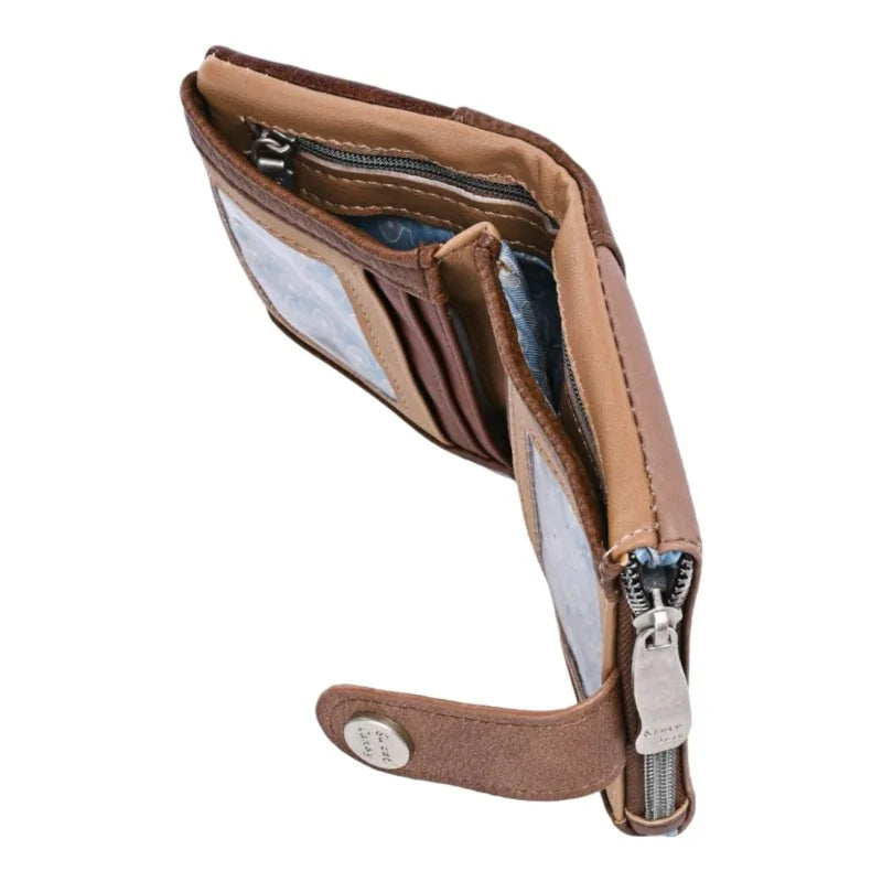 Kleine kompakte Geldbörse aus Kamel- und braunem Leder mit Reißverschluss und Fächern.