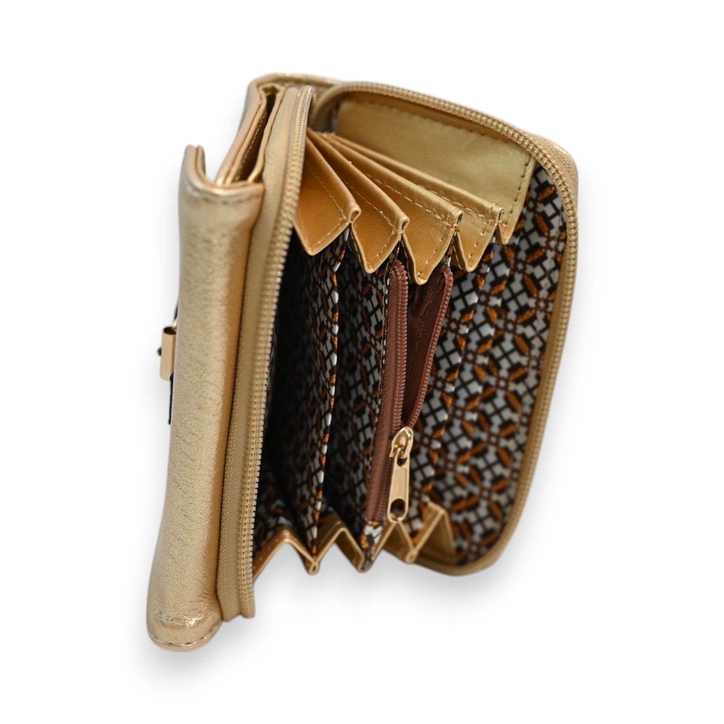 Kompakte goldene Geldbörse mit Reißverschluss, Kartenfächern und gemustertem Innenfutter, Marke Mélanie Paris