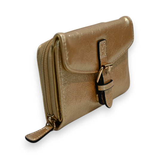 Kompakte goldene Ledergeldbörse mit Reißverschluss und Schnallenverschluss, elegantes Design von Mélanie Paris