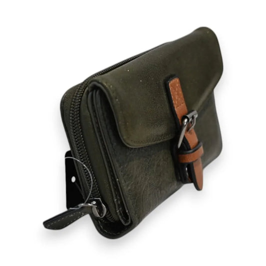 Kompakte Geldbörse aus khakifarbenem Leder mit Reißverschluss und brauner Lasche, Design é...