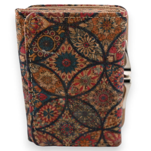 Kompakte Ledergeldbörse mit buntem Mandala-Muster, handgefertigt, orientalisches Design, Boho-Stil, Vintage-Look