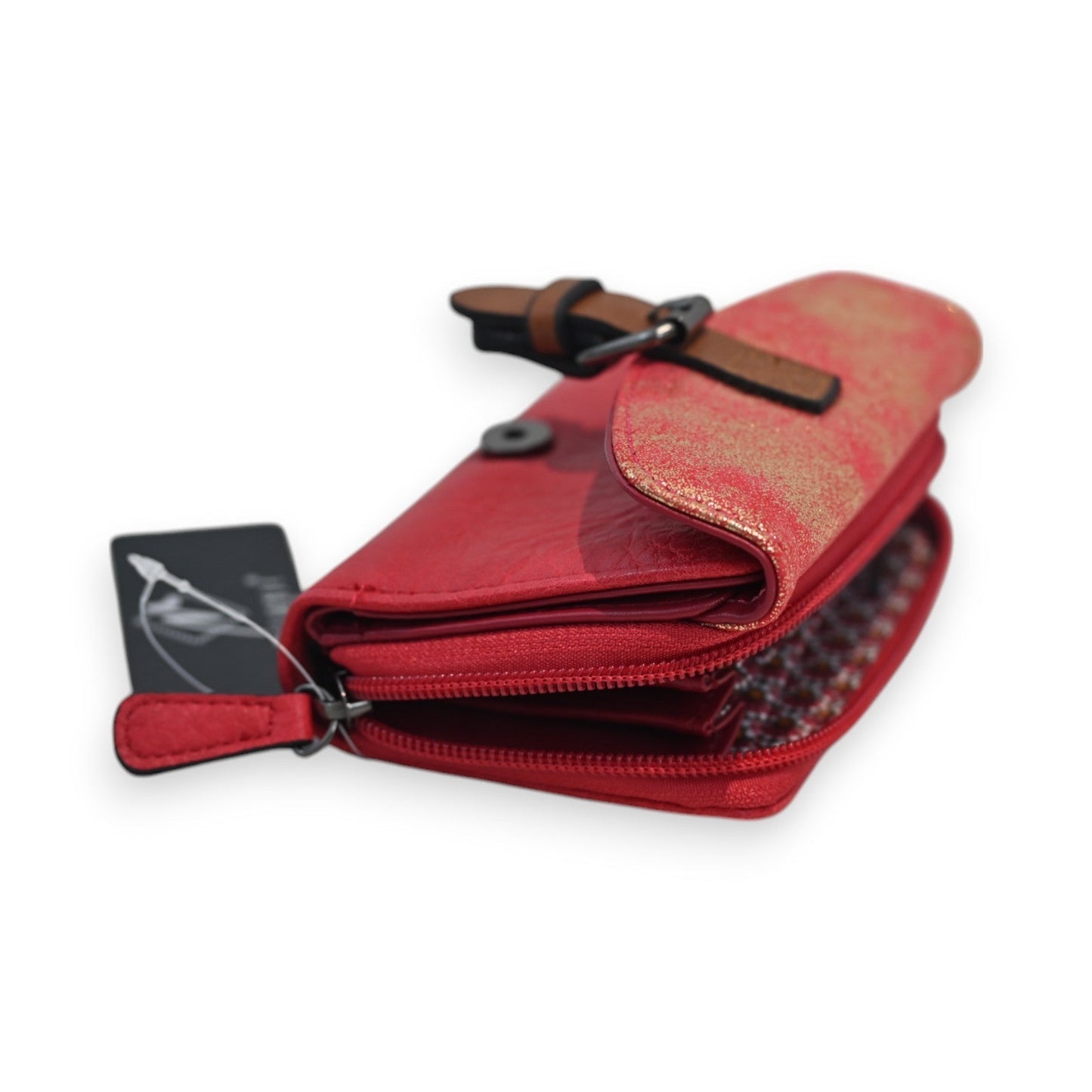 Rote Glitzer-Geldbörse mit Reißverschluss, Kartenfächern und Anhänger, kompaktes Design von Mélanie Paris
