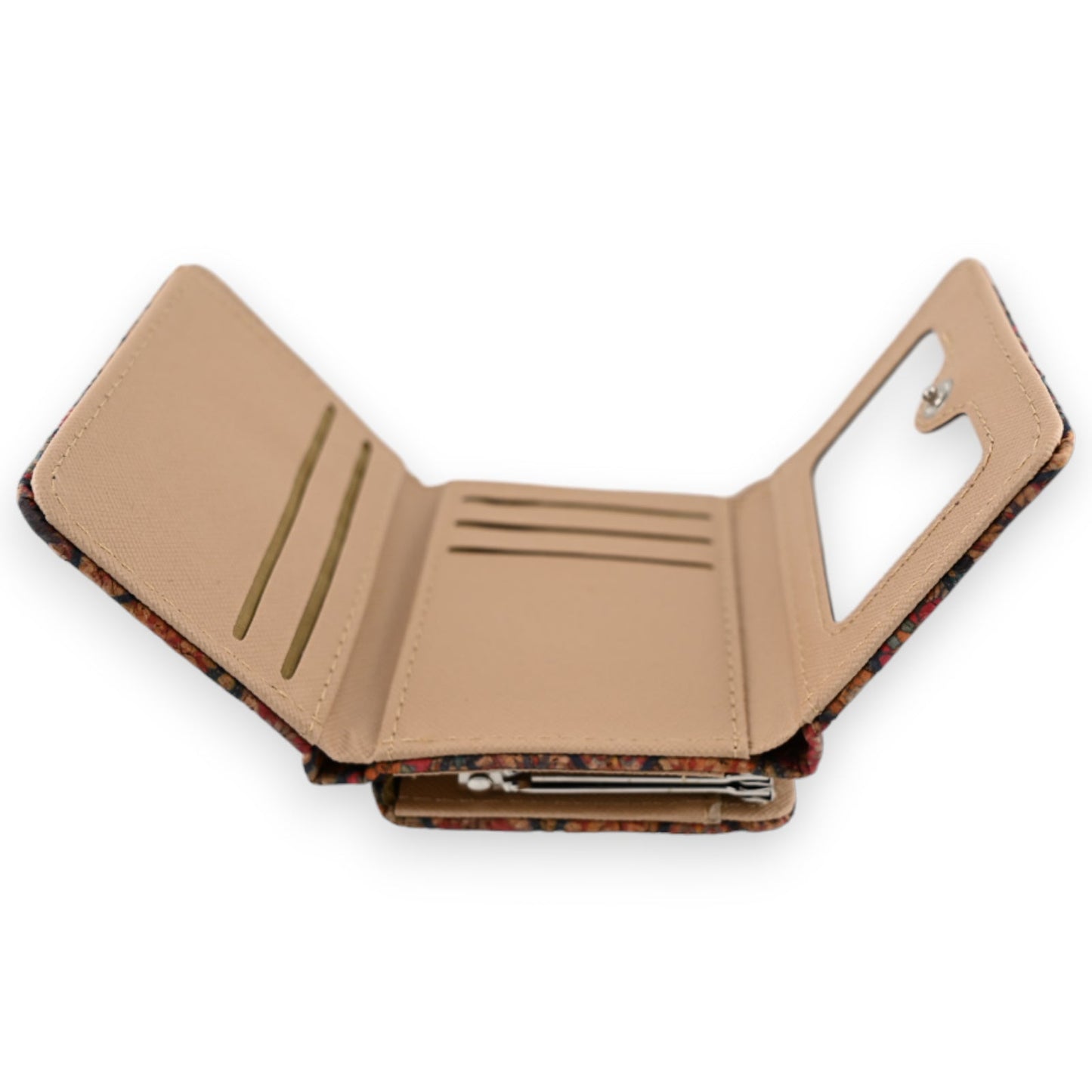 Kleiner kompakter Ledergeldbeutel, geöffnet mit mehreren Fächern für Karten und Geld, beige Innenfutter, florale Außenseite