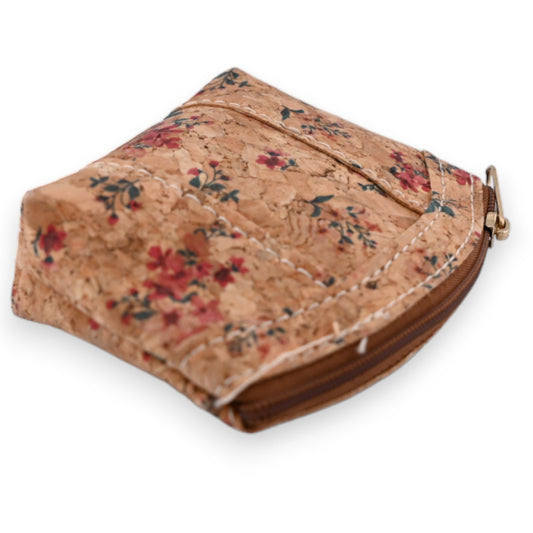 Kleines Portemonnaie aus Kork mit Blumenmuster, Reißverschluss und Landleben-Design, beige mit roten Blüten