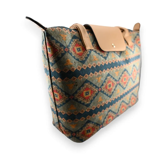 Korktasche mit buntem geometrischem Muster und Klappe, ethnisches Boho-Design
