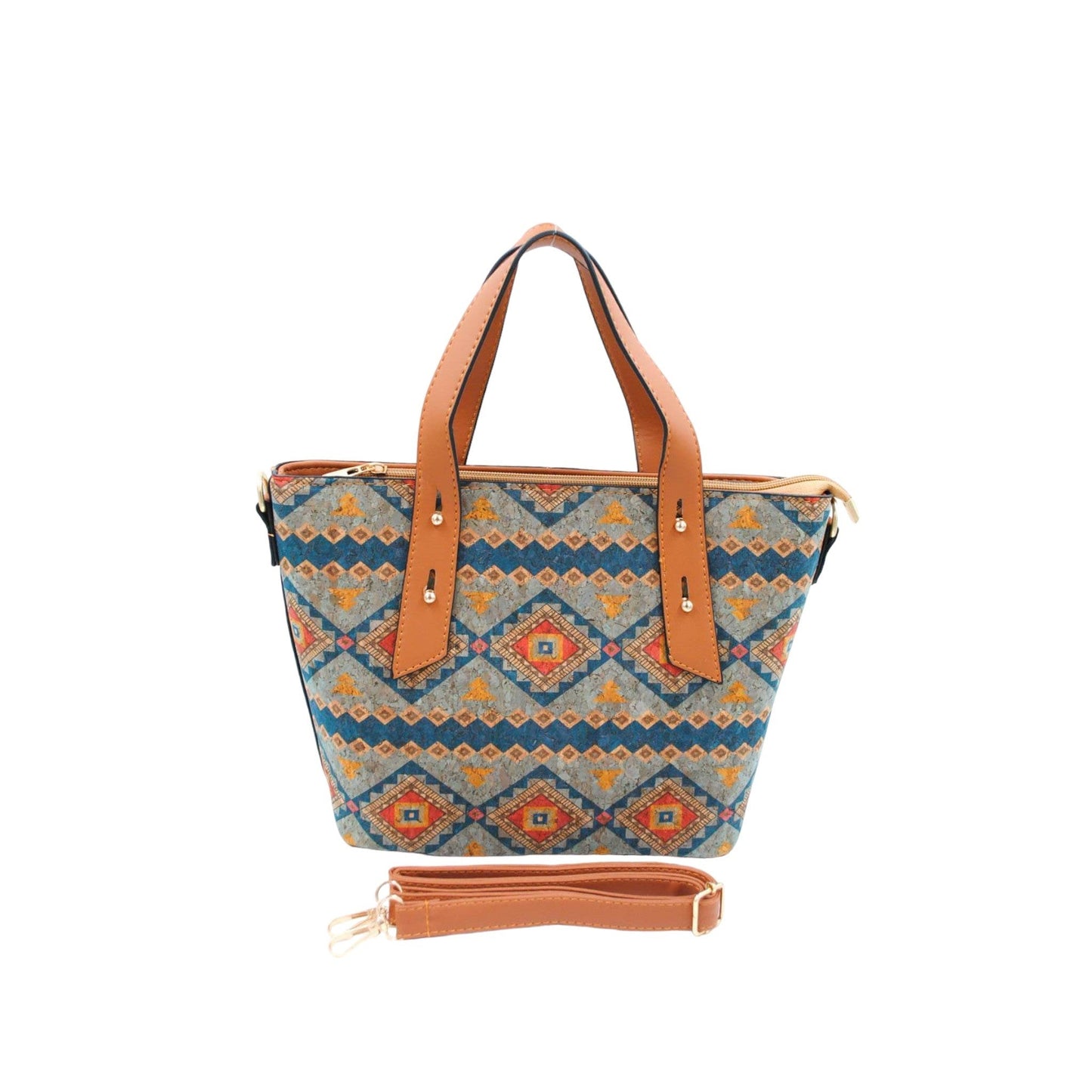 Bunte Korktasche mit ethnischem Muster, braunen Ledergriffen und abnehmbarem Schulterriemen, perfekt für Boho-Looks