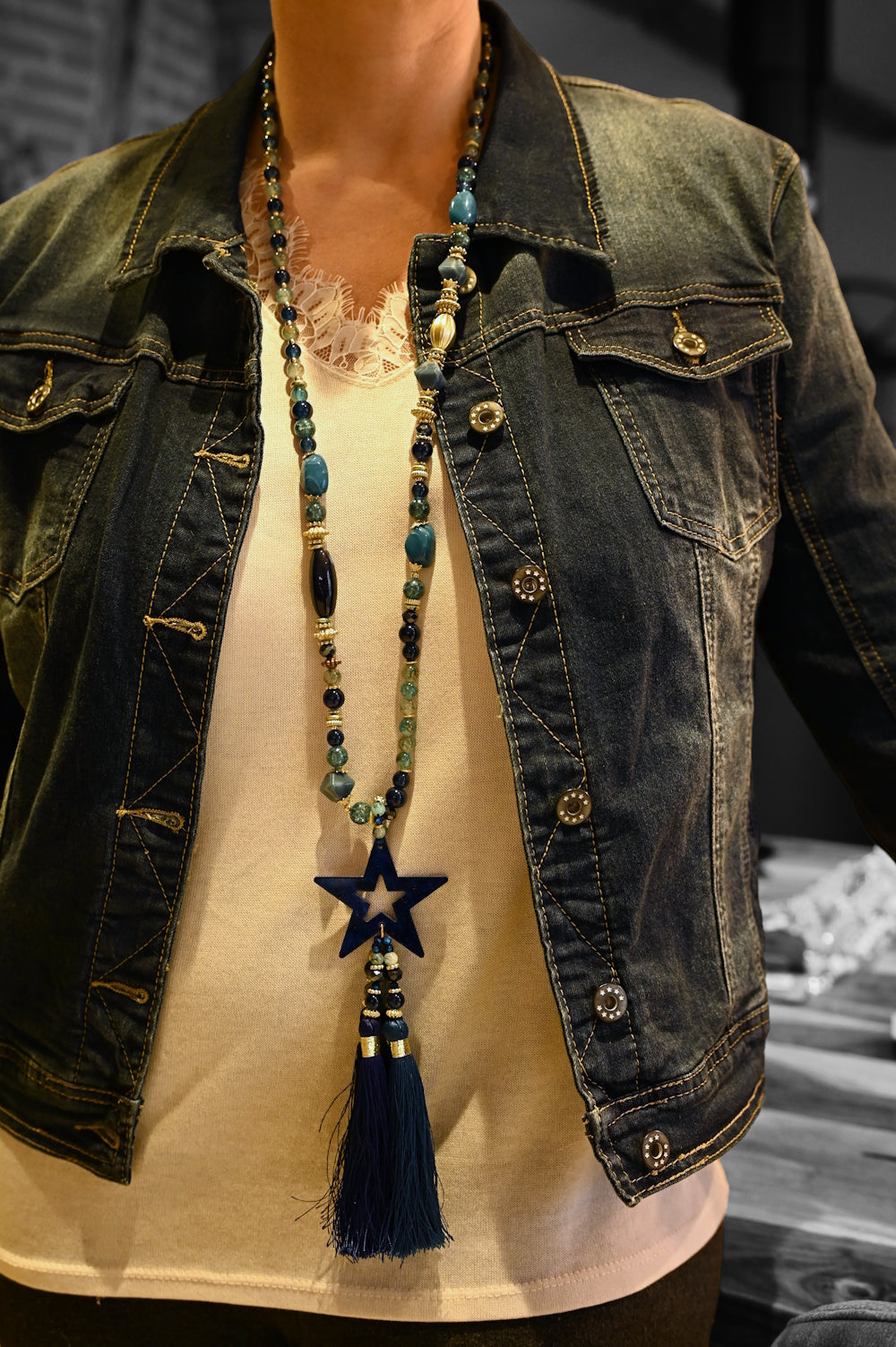 Halskette lang Nuancen blau Stern