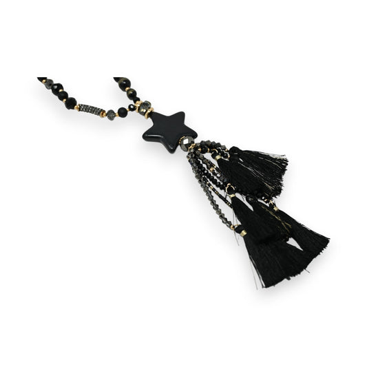Lange schwarze Halskette mit Sternanhänger, Perlen und Quasten, elegant und modisch für Damen