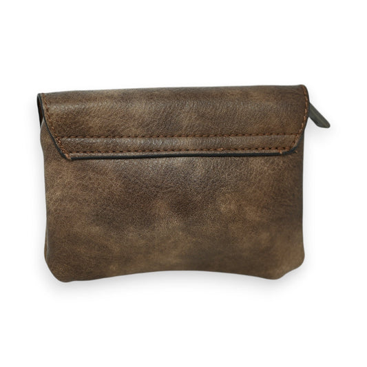 Kleine braune Leder-Geldbörse mit Klappe, rustikales Design, Reißverschluss, kompakte Form für Münzen und Scheine