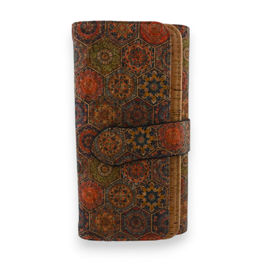 Bunte Lederbörse mit Rosetten-Muster, Hexagon-Design in warmen Herbstfarben, Boho-Stil, Geldbeutel mit Verschluss