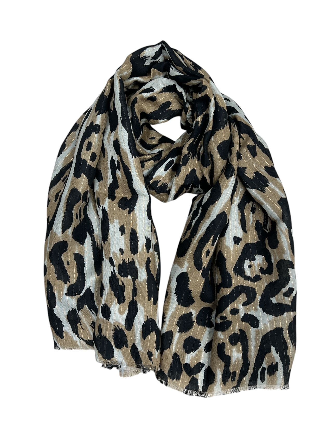 Schwarzer und taupefarbener Leoparden-Schal mit goldenem Luxus-Finish