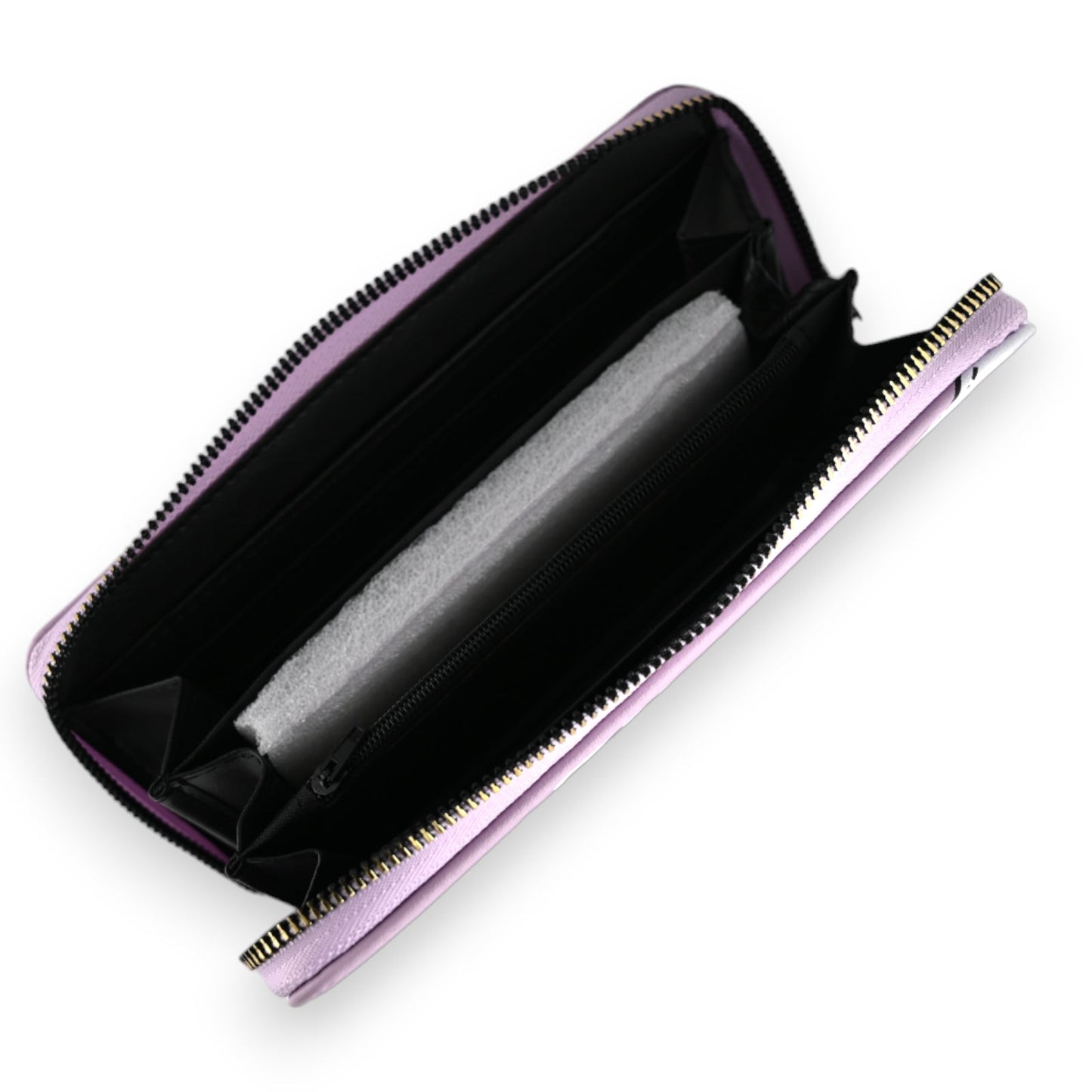 Geöffnete Leder-Geldbörse in Flieder mit schwarzem Innenfutter, Reißverschluss und mehreren Fächern