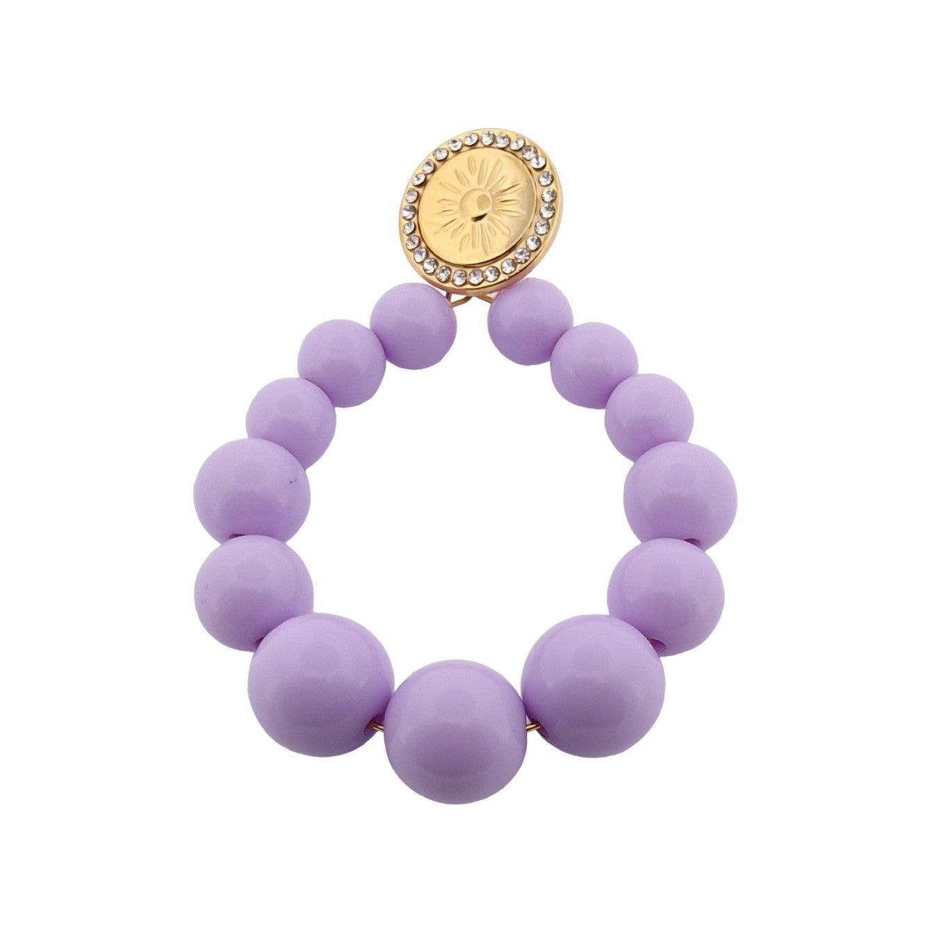 Lila Perlenarmband mit goldenem Sonnenanhänger, besetzt mit Kristallen. Elegantes Modeschmuckstück für Damen.