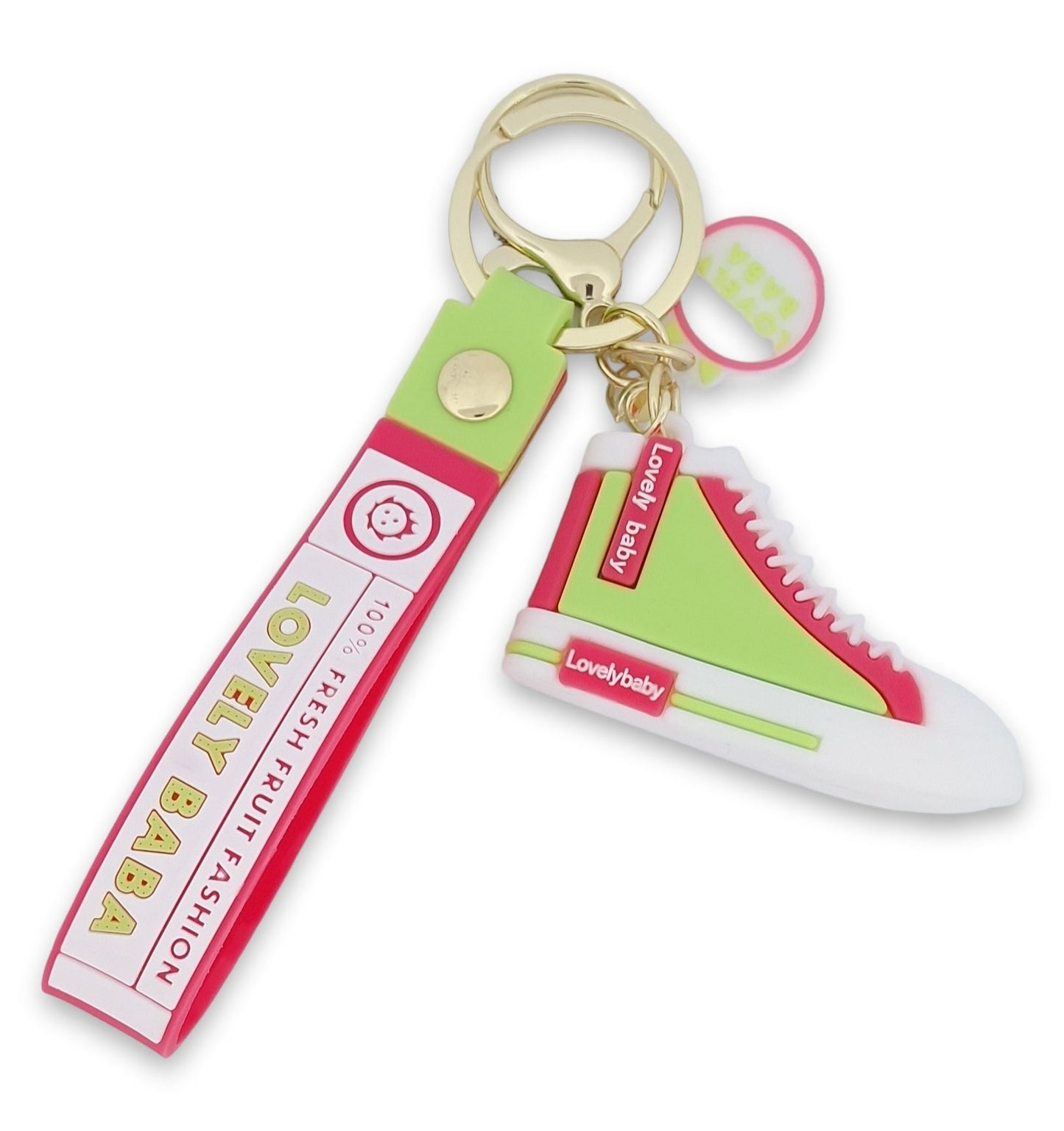 Bunter Schlüsselanhänger mit Sneaker-Anhänger und Etikett 'Lovely Baba', modisches Accessoire in Grün und Pink