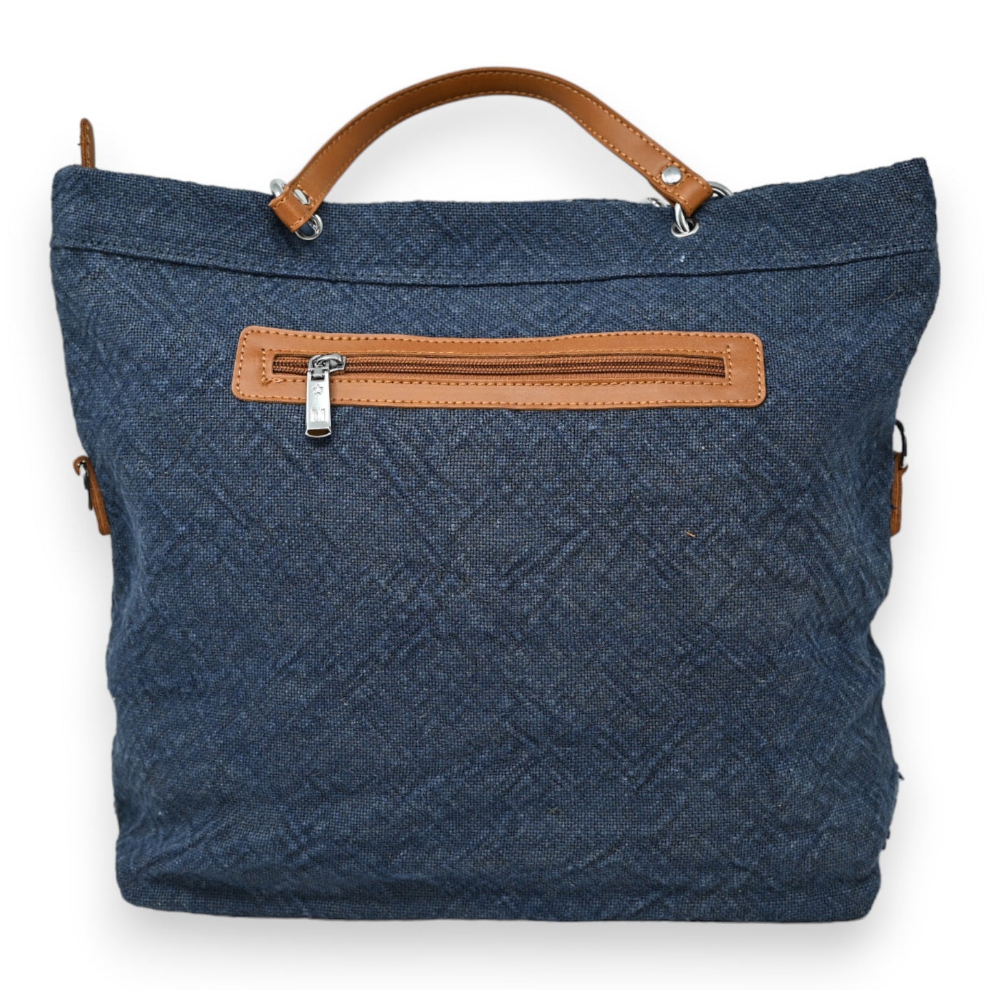 Elegante Denim-Handtasche mit braunen Lederdetails, Reißverschluss und gestepptem Muster, perfekt für den Alltag