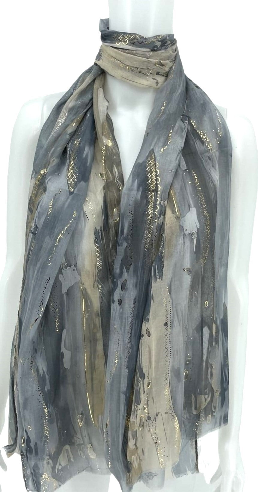 Luxuriöses Grau & Beige Batik-Tuch mit goldenen Details