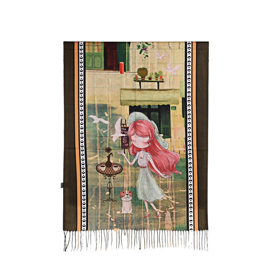 Illustrierter Schal mit Mädchen, rosa Haare, Tauben, Katze und Stadtmotiv. Kunstvoller Druck mit Fransen am Rand.