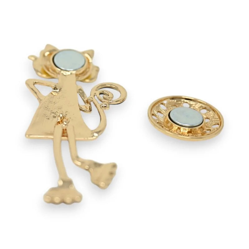 Humoristische goldene magnetische Katzenbrosche mit blauem Stein und passendem Magnet