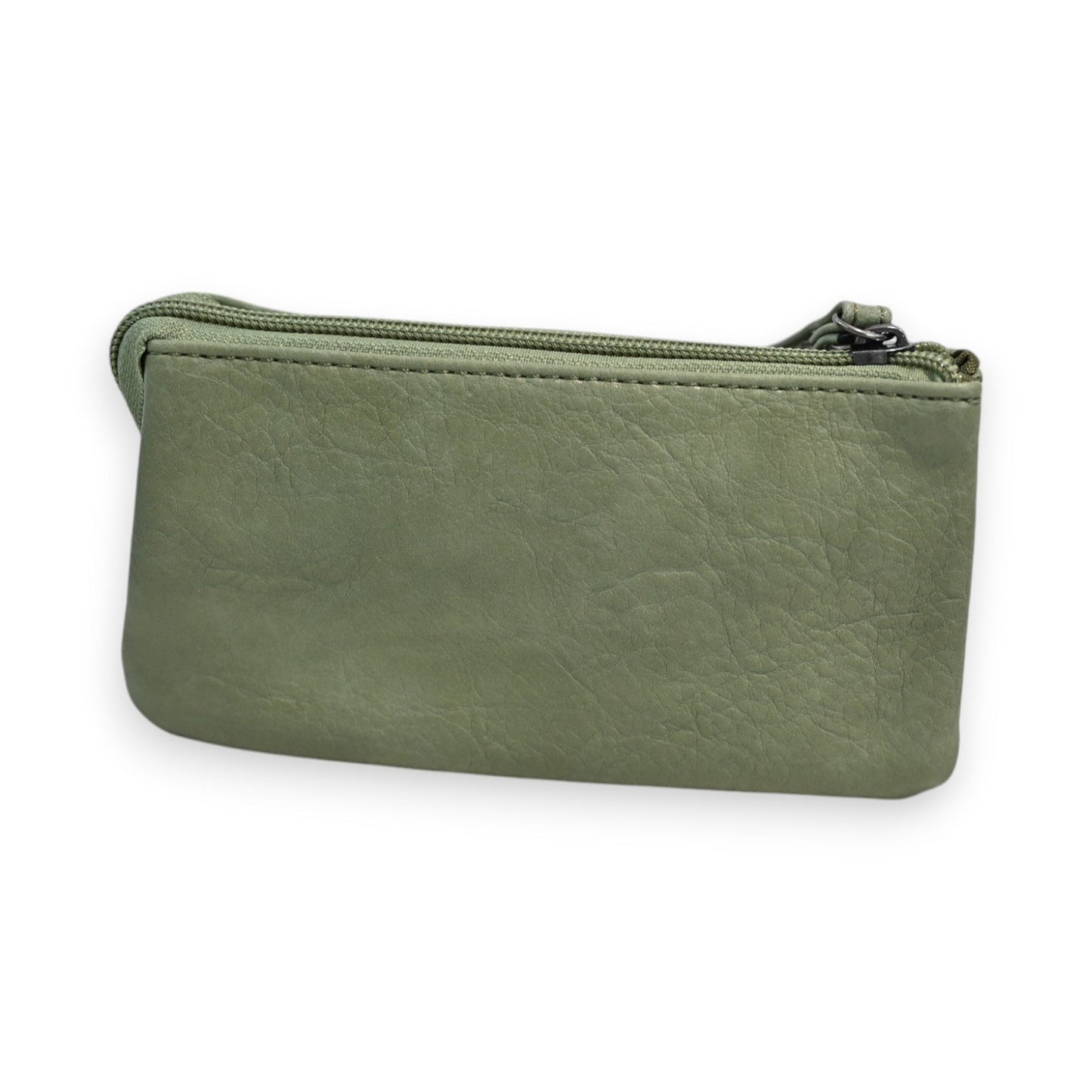 Grüne Leder-Geldbörse mit Reißverschluss, kompakt und rechteckig, ideal für Münzen und Kleingeld