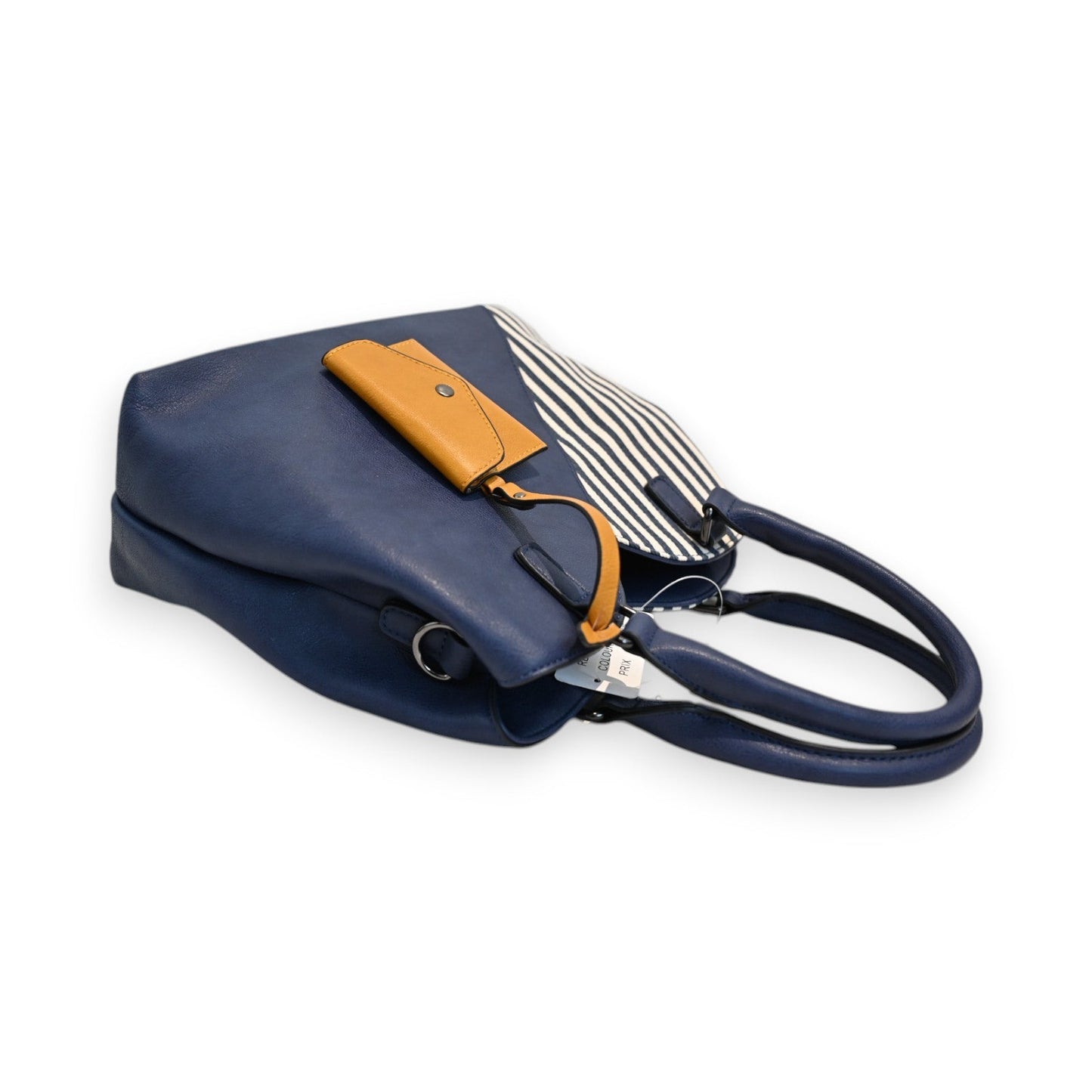 Elegante blaue Ledertasche mit gestreiftem Innenfutter, orangefarbenem Schlüsselanhänger und Tragegriffen