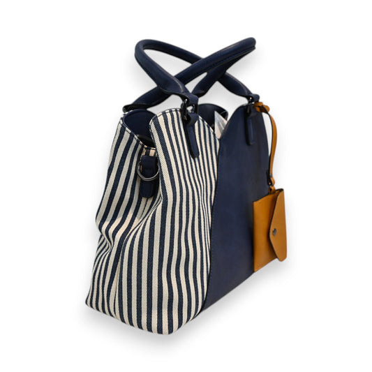 Gestreifte Handtasche in Marineblau und Weiß mit Lederdetails und Henkel, elegantes Design für Damen