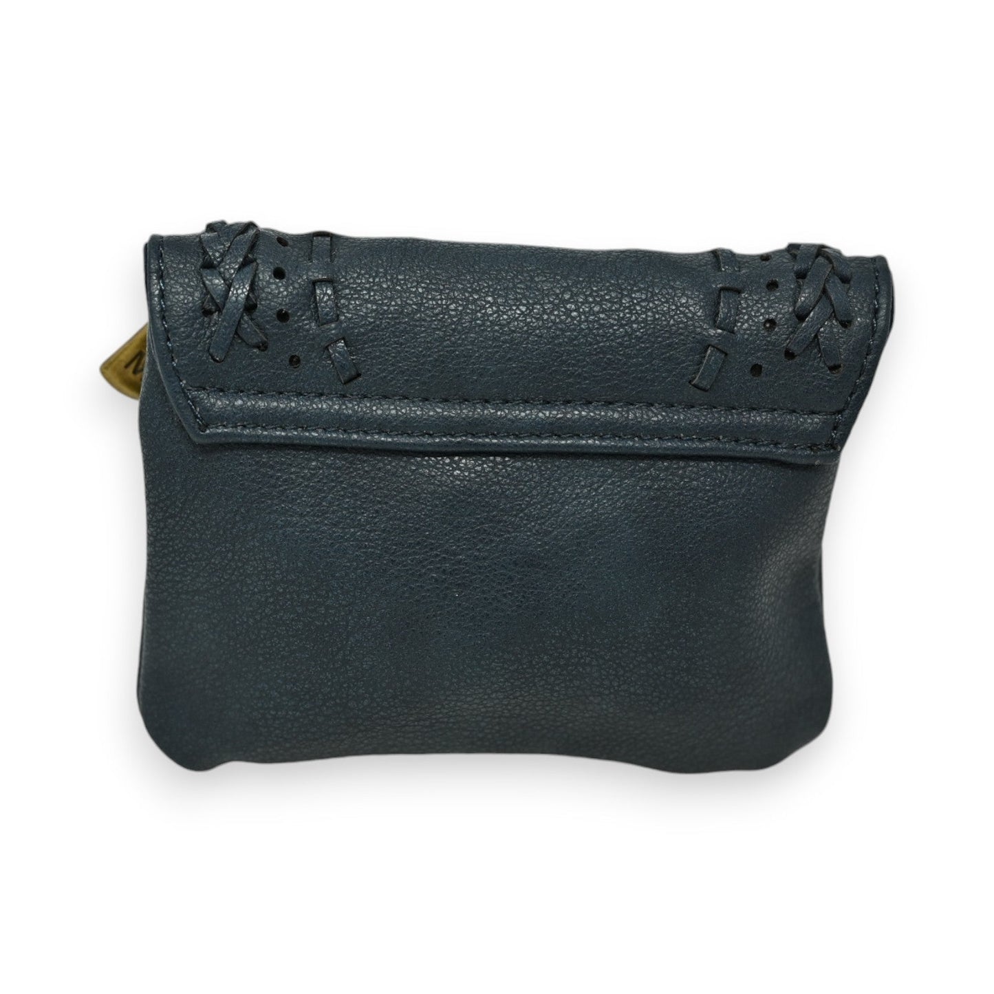 Kleine marineblaue Ledergeldbörse mit geflochtenem Muster am oberen Rand, kompakt und elegant