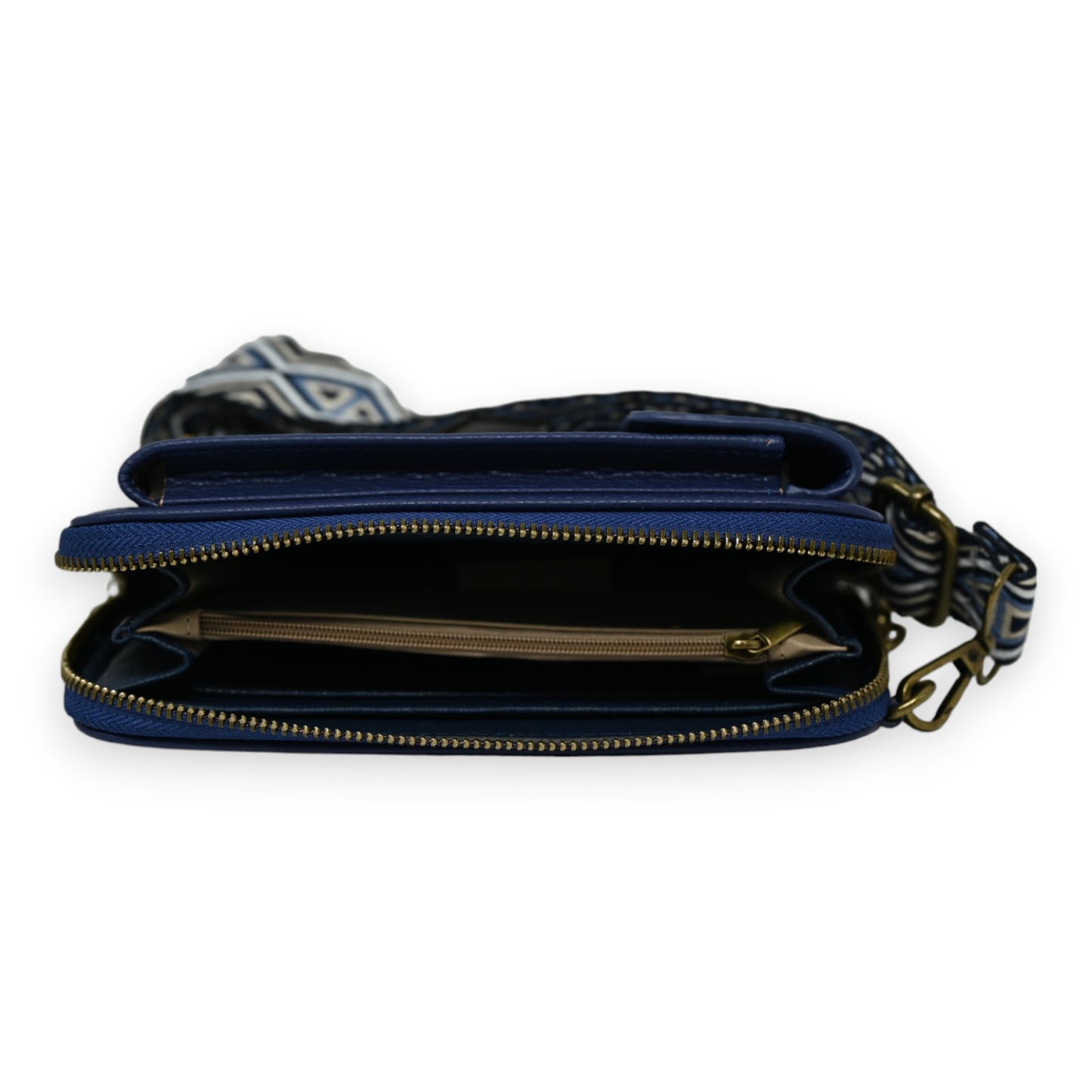 Marineblaue Leder-Handytasche und Geldbörse mit Reißverschluss, Innenfächern und gemustertem Schulterriemen