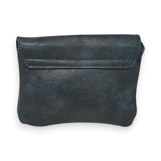 Kleine dunkelblaue Ledergeldbörse mit Klappe, kompaktes Design für Münzen und Karten, strukturiertes Leder