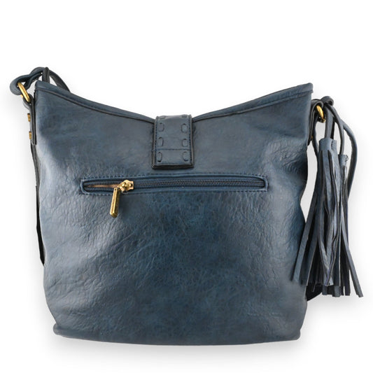 Marineblaue Ledertasche mit Schulterriemen, Reißverschlusstasche und Quaste, goldene Beschläge, elegantes Design