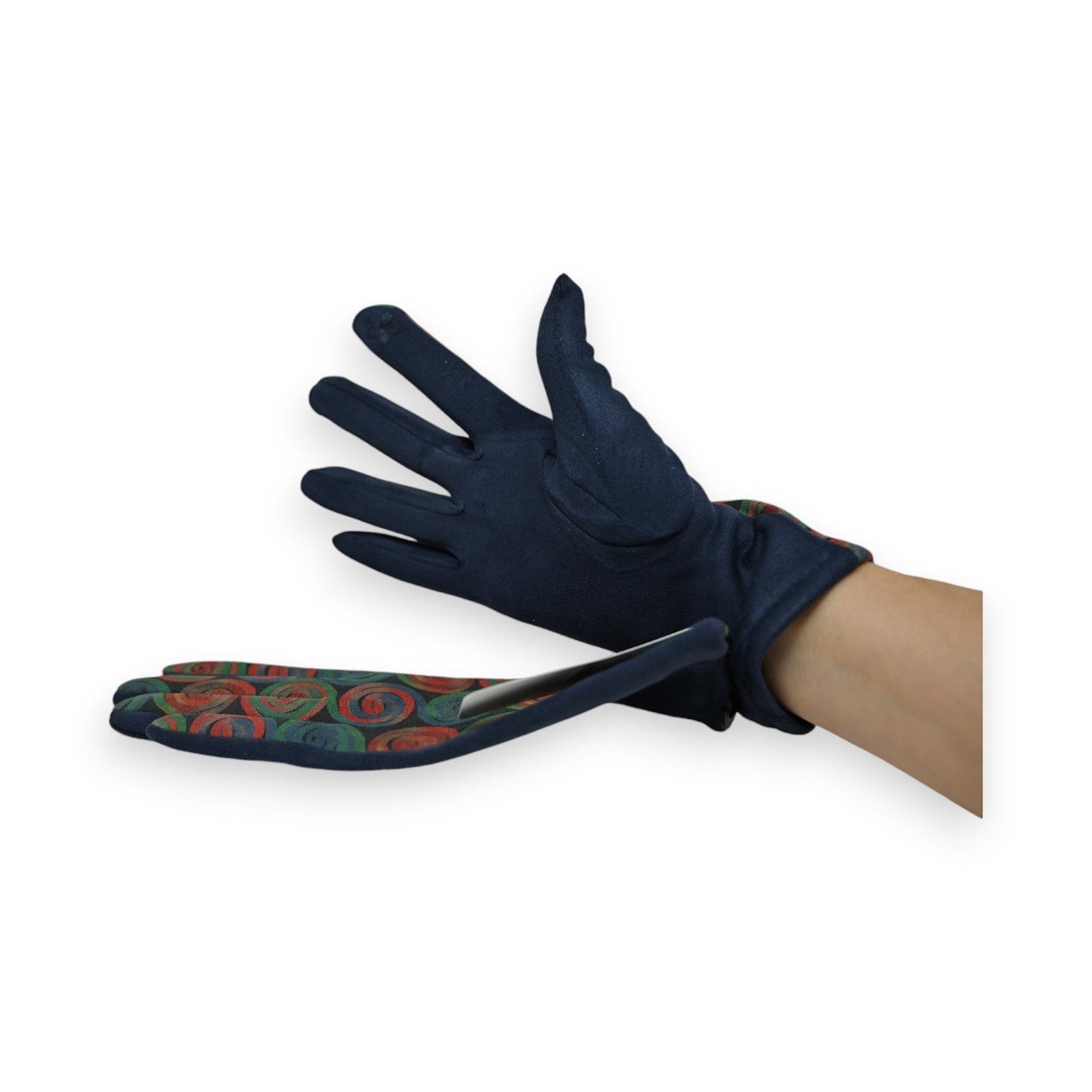 Marineblaue Wildleder-Handschuhe mit buntem Kreismuster auf der Handfläche, elegant und farbenfroh