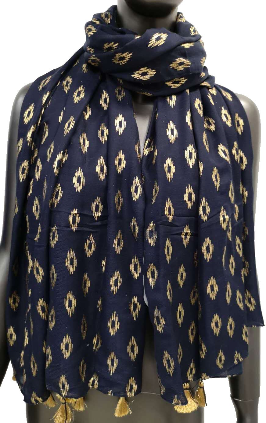 Marineblaues und goldenes Schal mit goldenen Quasten