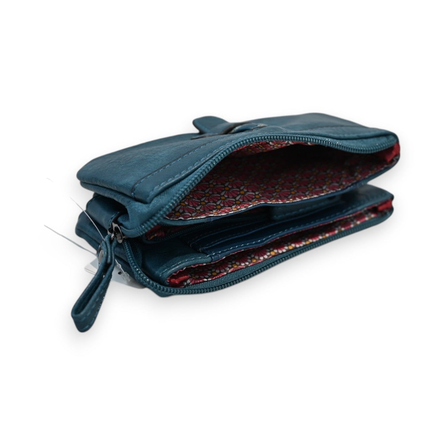 Dunkelblaue Ledergeldbörse mit mehreren Fächern, Reißverschluss und buntem Innenfutter, geöffnet auf weißem Hintergrund