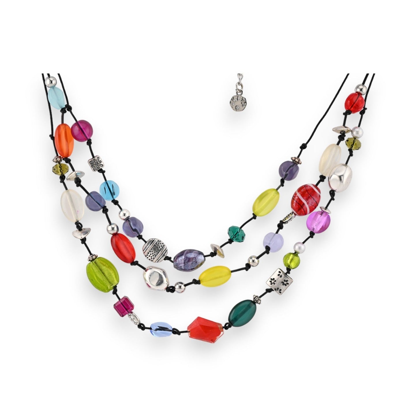 Mehrreihige bunte Halskette mit verschiedenfarbigen Glas- und Metallperlen auf schwarzen Schnüren, moderner Schmuck