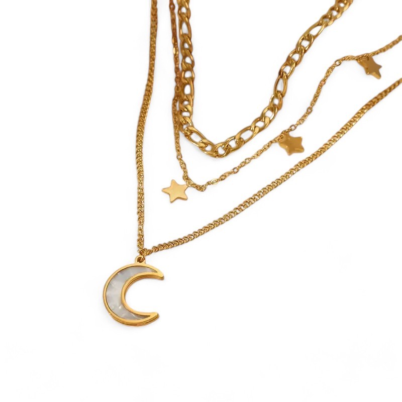 Mehrreihige goldene Halskette mit Stern-Anhängern und Halbmond-Anhänger, eleganter Schmuck im Celestial-Stil