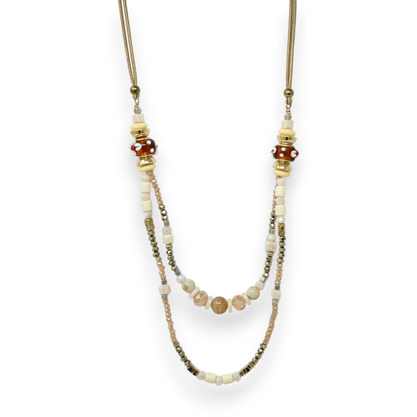 Fantasie Halskette mehrreihiges Kordel mit Perlen in Beigetönen