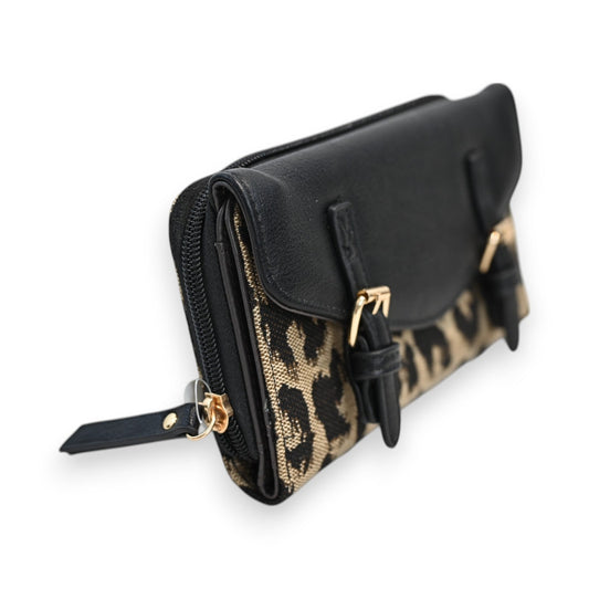 Elegante Damen-Geldbörse in Schwarz mit Leopardenmuster, goldenen Akzenten und Reißverschluss, Seitenansicht
