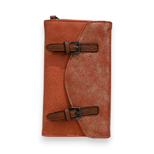 Orangefarbene Leder-Geldbörse mit glitzerndem Akzent und zwei Schnallen, elegantes Design für Damen