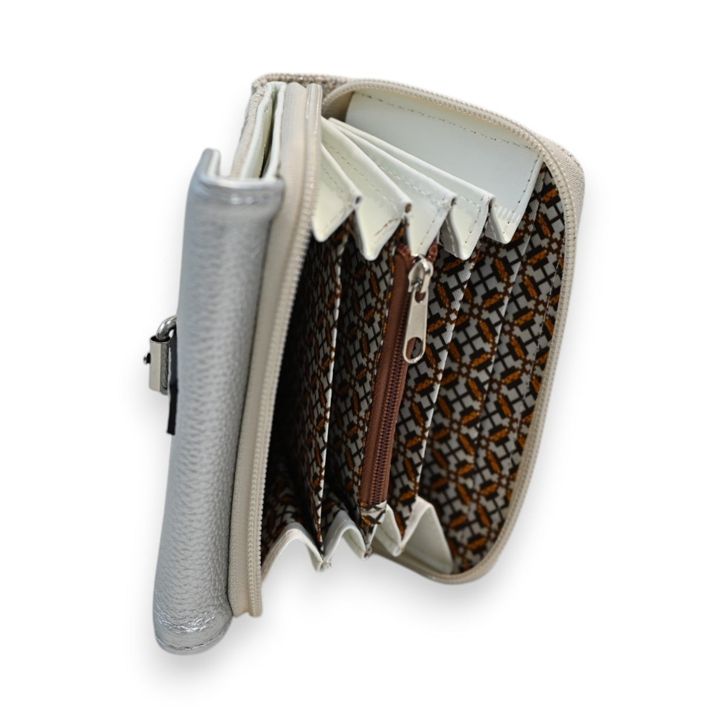 Melanie Paris Geldbörse, zweifarbig in Silber und Beige, mit Reißverschluss und mehreren Fächern, gemustertes Innenfutter