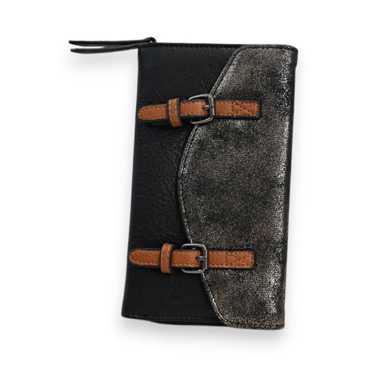 Elegante Damen-Geldbörse in Schwarz und Silber mit zwei braunen Lederschnallen, Doppelseitendesign, Marke Melanie Paris