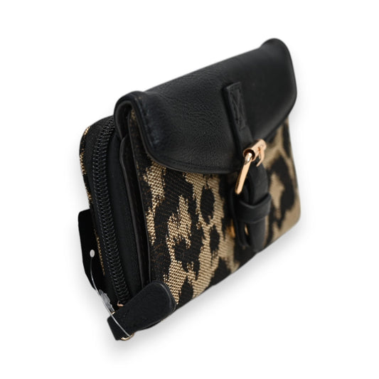 Kompakte Zweifarbige Leoparden-Geldbörse in Schwarz und Gold mit Reißverschluss und Druckknopfverschluss, Melanie Paris De...
