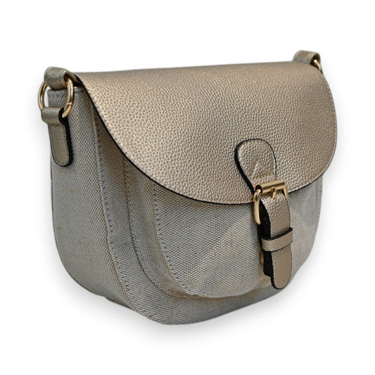 Elegante goldene Schultertasche mit Lurex-Effekt, Lederflap und Metallverschluss, ideal für festliche Anlässe