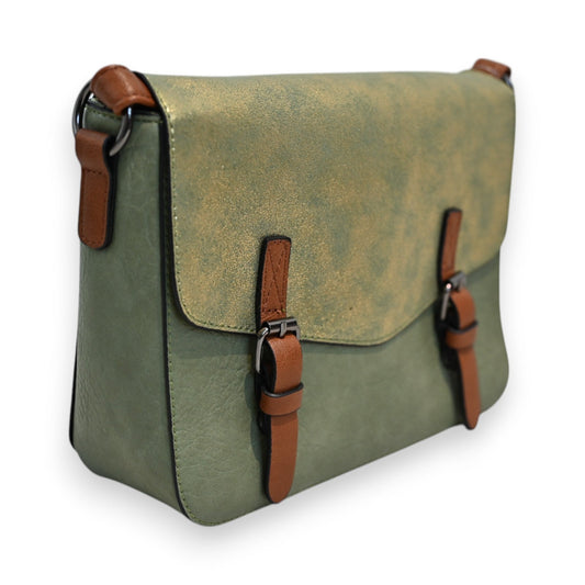 Grüne Schultertasche aus Leder mit goldschimmernder Klappe und braunen Riemen, elegantes Design für Damen