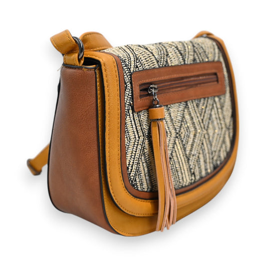 Stilvolle Umhängetasche in Braun und Beige mit Webmuster, Lederdetails und Quaste, elegantes Boho-Design