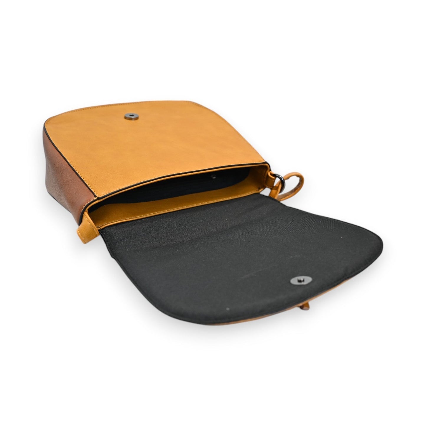 Elegante zweifarbige Umhängetasche in Gelb und Schwarz, geöffnet mit sichtbarem Innenfutter und Druckknopfverschluss