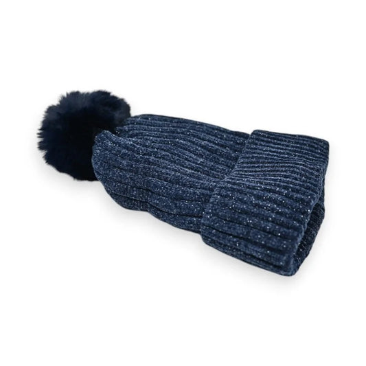 Marineblaue Cordsamt-Mütze mit Bommel und warmer Fütterung