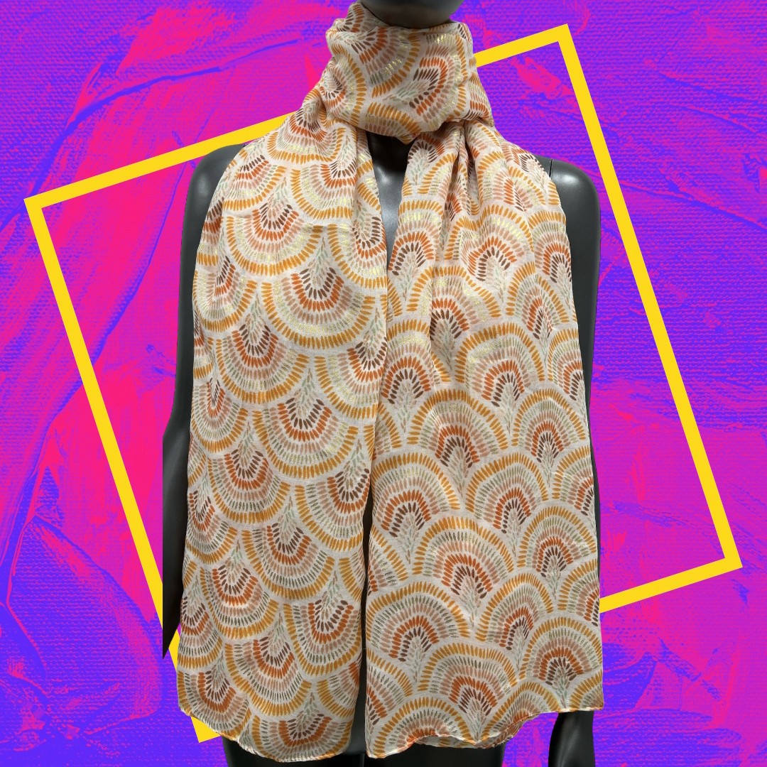 Orangefarbener Fächer-Schal mit goldenem Muster auf lila Hintergrund, gelber Rahmen, modisches Accessoire